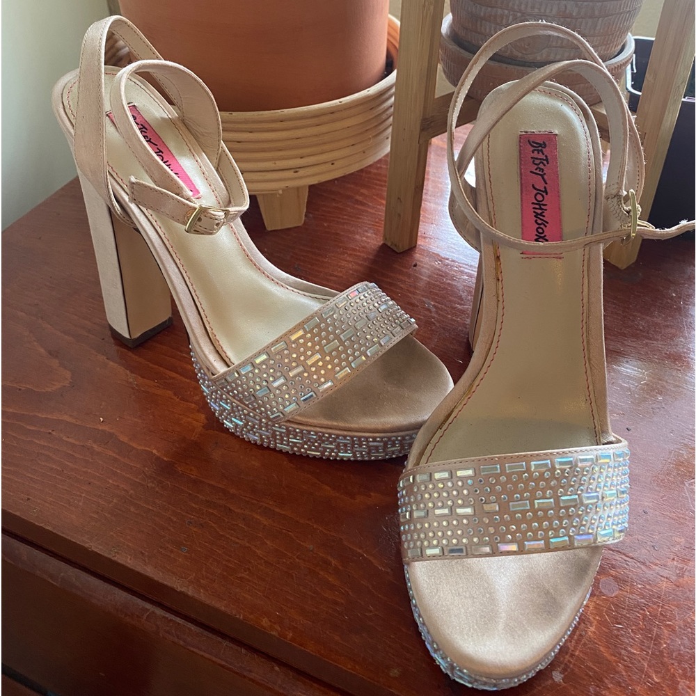 Betsey Johnson rhinestone chunky heels with wrap around clasp